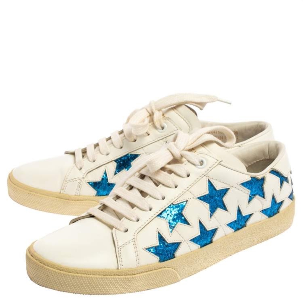 Saint Laurent White Blue Glitter Star Court Classic Sneaker Size 38.5